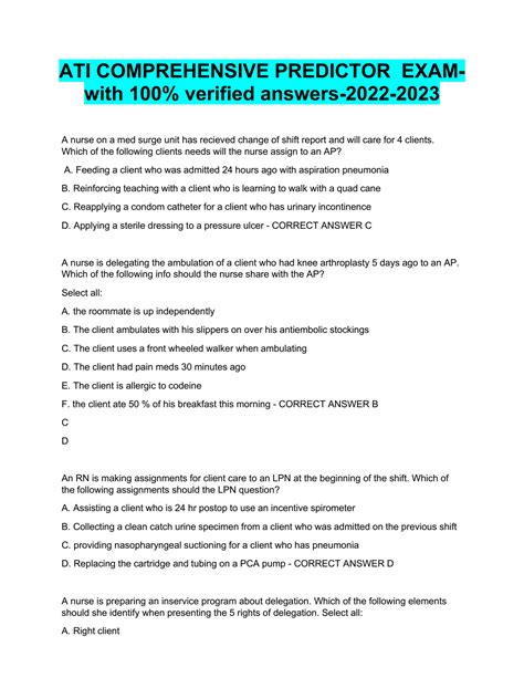 20212022 pn hesi exit v1 questions& answers latest update 100 correct verified answers ATI Fundamentals Proctored Exam 100 Questions and Answers LATEST UPDATE. . Ati comprehensive predictor 2022 quizlet